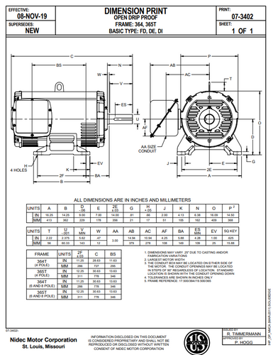D60V2B Nidec 50 hp 1800 RPM 364T (Rigid Base) 230/460V ODP Inverter-Duty 3-Phase Motor