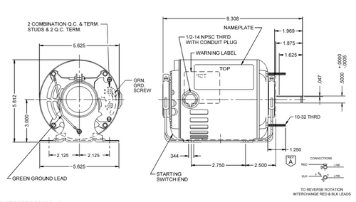 D16B2N4Z9 Nidec 1/6 hp 1800 RPM 48Z Frame (Resilient Base) 1-Speed 115V ODP Blower Motor