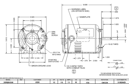 D13B2N4Z9 Nidec 1/3 hp 1800 RPM 48Z Frame (Resilient Base) 1-Speed 115V ODP Blower Motor