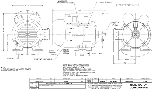 6174 Nidec 1/2 hp 1800 RPM 100-120/200-240V 56 Frame (Rigid Base) 1-Speed TEFC Cap Start/Run Motor