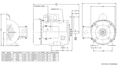 T12C3J Nidec 1/2 hp 1200 RPM 115/208-230V 56 Frame (Rigid Base) 1-Speed TEFC Cap Start Motor