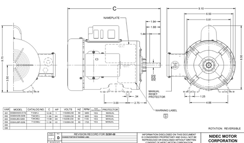 T34CM1J Nidec 3/4 hp 3600 RPM 115/208-230V 56 Frame (Rigid Base) 1-Speed TEFC Cap Start Motor