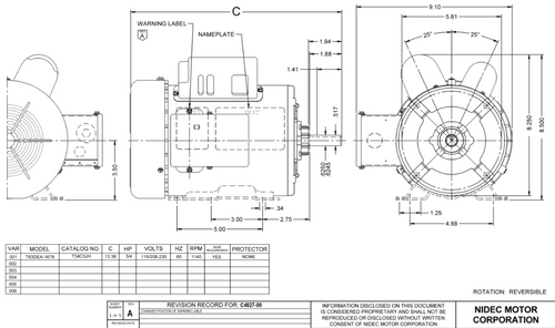 T34C3JH Nidec 3/4 hp 1200 RPM 115/208-230V 56 Frame (Rigid Base) 1-Speed TEFC Cap Start/Run Motor