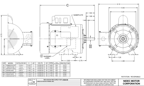 T1CA1J Nidec 1 hp 3600 RPM 115/208-230V 56 Frame (Rigid Base) 1-Speed TEFC Cap Start Motor