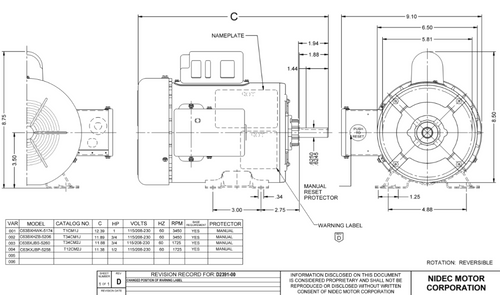 T1CM1J Nidec 1 hp 3600 RPM 115/208-230V 56 Frame (Rigid Base) 1-Speed TEFC Cap Start Motor