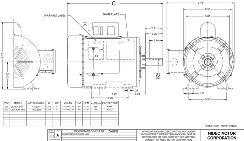 T1CA2J14 Nidec 1 hp 1800 RPM 115/208-230V 143T Frame (Rigid Base) 1-Speed TEFC Cap Start Motor