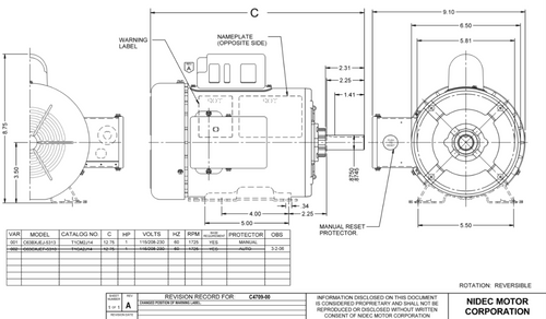 T1CM2J14 Nidec 1 hp 1800 RPM 115/208-230V 143T Frame (Rigid Base) 1-Speed TEFC Cap Start Motor