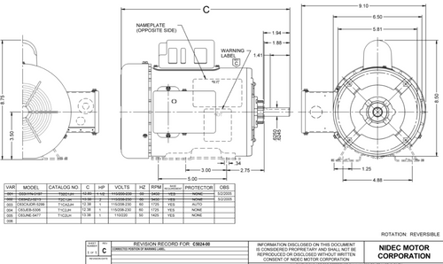 T1C2JH Nidec 1 hp 1800 RPM 115/208-230V 56H Frame (Rigid Base) 1-Speed TEFC Cap Start Motor