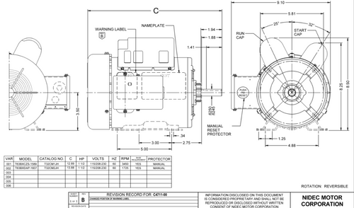 T32CM1JH Nidec 1 1/2 hp 3600 RPM 115/208-230V 56H Frame (Rigid Base) 1-Speed TEFC Cap Start Motor