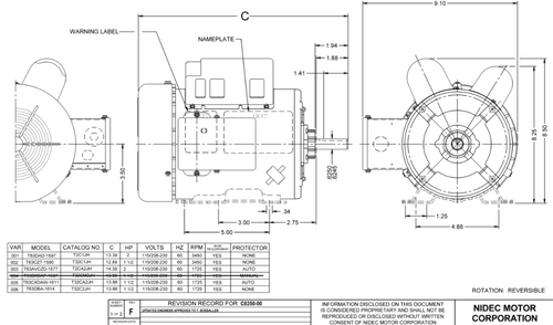 T32C1JH Nidec 1 1/2 hp 3600 RPM 115/208-230V 56H Frame (Rigid Base) 1-Speed TEFC Cap Start/Run Motor
