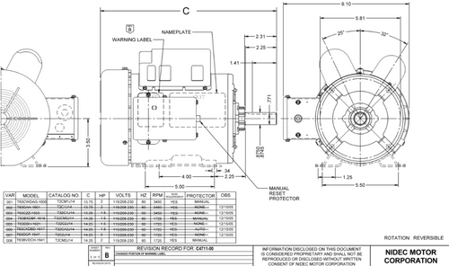 T2CM1J14 Nidec 2 hp 3600 RPM 115/208-230V 145T Frame (Rigid Base) 1-Speed TEFC Cap Start/Run Motor