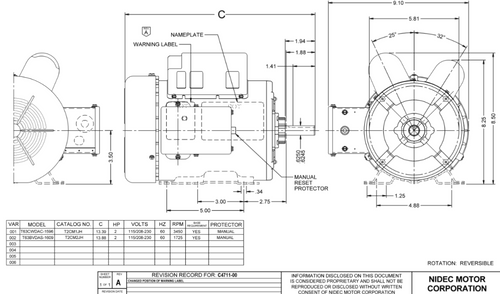 T2CM1JH Nidec 2 hp 3600 RPM 115/208-230V 56H Frame (Rigid Base) 1-Speed TEFC Cap Start/Run Motor
