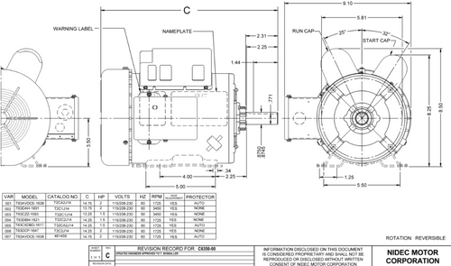 T2C2J14 Nidec 2 hp 1800 RPM 115/208-230V 145T Frame (Rigid Base) 1-Speed TEFC Cap Start/Run Motor