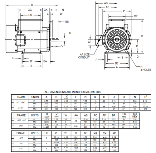 T2C2P18 Nidec 2 hp 1800 RPM 115/230V 182T Frame (Rigid Base) 1-Speed TEFC Cap Start Motor