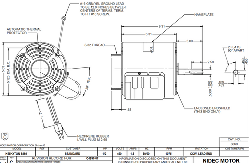 8869 Nidec 1/2 hp 1075 RPM 400-460V 5.6" Dia. (No Base) 1-Speed Open Condenser Motor