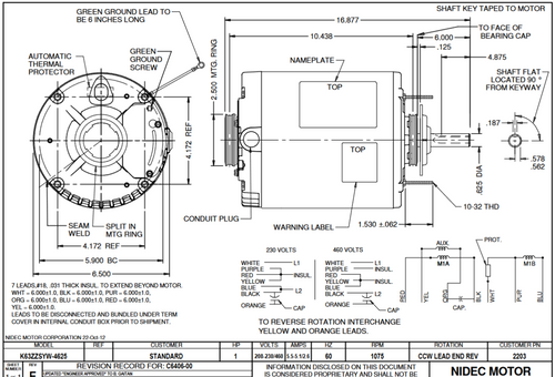 2203 Nidec 1 hp 1075 RPM 208-230/460V 6.5" Dia. (No Base) 1-Speed Enclosed Condenser Motor