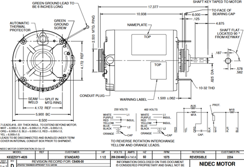 2204 Nidec 1 1/2 hp 1075 RPM 208-230/460V 6.5" Dia. (No Base) 1-Speed Enclosed Condenser Motor