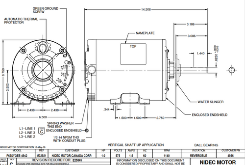 4936 Nidec 1 hp 1140 RPM 575V 56YZ Frame (Rigid Base) 1-Speed TEAO 3-Phase Commercial Motor