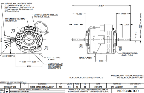 1270 Nidec 1/20 hp 1075 RPM 115V 5.0" Dia. (Base) 4-Speed Open Fan Motor