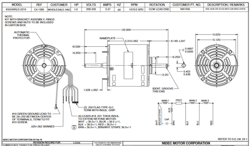 NA1056 Nidec 1/2 hp 1075 RPM 208-230V 5.6" Dia. (No Base) 3-Speed ODP Fan Motor
