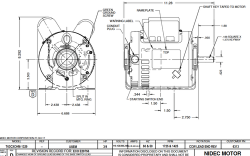 6313 Nidec 3/4 hp 1800 RPM 100-120/200-240V 5.6" Dia. (Base) 1-Speed ODP Belt Drive Motor