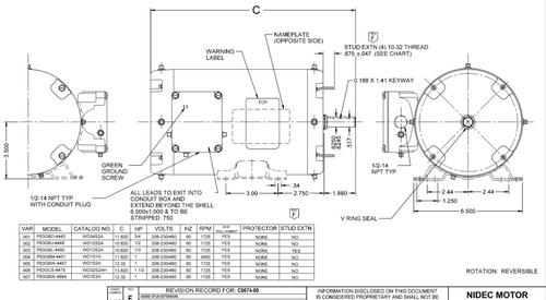 WD13S2A Nidec 1/3 hp 1800 RPM 56 Frame (Rigid Base) 208-230/460V TENV Washdown 3-Phase Motor