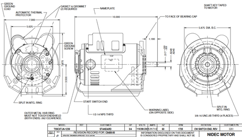 3261 Nidec 3/4 hp 1725 RPM 115/230V Bell & Gossett (111047) Circulator Pump Replacement Motor