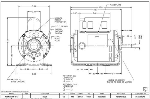 D12ARM2N9 Nidec 1/2 hp 1800 RPM 115V 56 Frame (Resilient Base) ODP 1-Phase Gate Opener Motor