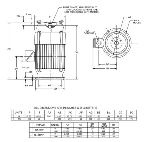 HT50P2BLG Nidec 50 hp 1800 RPM 230/460V 3-phase 326TP Frame TEFC Vertical Holloshaft Sinewave Motor