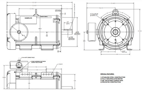 141410.00 Leeson Extreme Duck 7/12 hp 1800 RPM 230/460V 3-Phase 213TC Frame TEFC (base) Motor