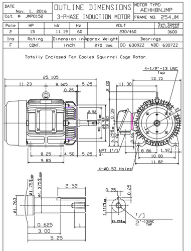 JMP0152 TECO Westinghouse 15 hp 3600 RPM 254JM Cast Iron 230/460V TEFC Close-Coupled 3-Phase Motor