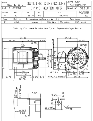 JMP0306 TECO Westinghouse 30 hp 1200 RPM 324/326JM Cast Iron 230/460V TEFC Close-Coupled 3-Phase Motor