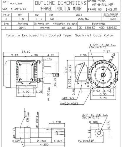 JMP1/52 TECO Westinghouse 1 1/2 hp 3600 RPM 143JM Cast Iron 230/460V TEFC Close-Coupled 3-Phase Motor