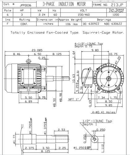JPP0036 TECO Westinghouse 3 hp 1200 RPM 213JP Cast Iron 230/460V TEFC Close-Coupled 3-Phase Motor
