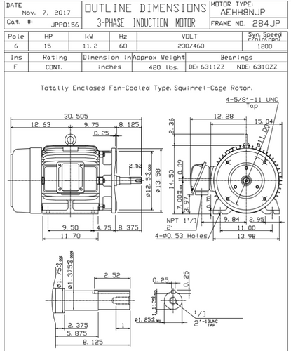JPP0156 TECO Westinghouse 15 hp 1200 RPM 284JP Cast Iron 230/460V TEFC Close-Coupled 3-Phase Motor