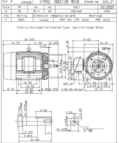 JPP0306 TECO Westinghouse 25 hp 1200 RPM 326JP Cast Iron 230/460V TEFC Close-Coupled 3-Phase Motor