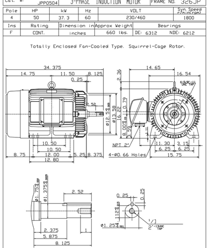 JPP0504 TECO Westinghouse 50 hp 1800 RPM 326JP Cast Iron 230/460V TEFC Close-Coupled 3-Phase Motor