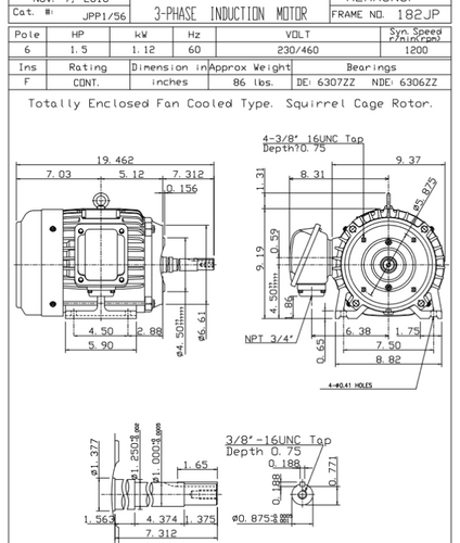 JPP1/56 TECO Westinghouse 1 1/2 hp 1200 RPM 182JP Cast Iron 230/460V TEFC Close-Coupled 3-Phase Motor