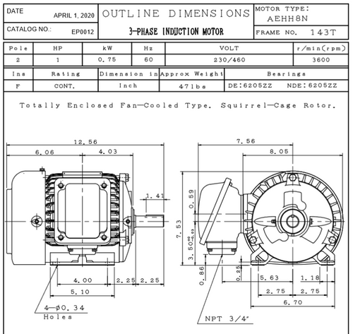 EP0012 TECO Westinghouse 1 hp 3600 RPM 143T Cast Iron 230/460V TEFC Severe Duty 3-Phase Motor