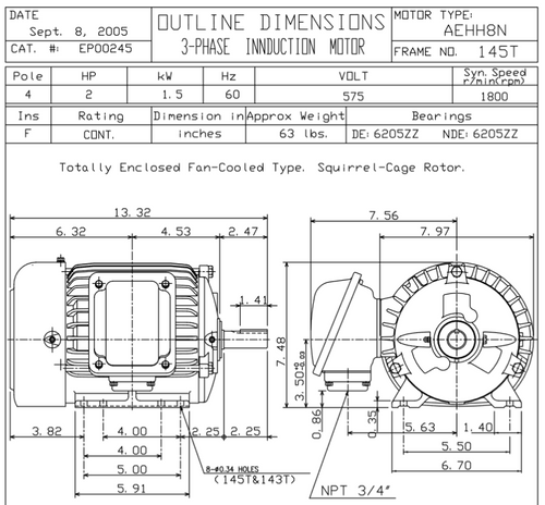 EP00245 TECO Westinghouse 2 hp 1800 RPM 145T Cast Iron 575V TEFC Severe Duty 3-Phase Motor