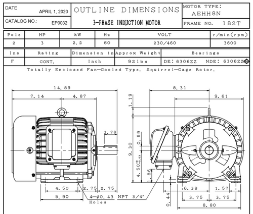 EP0032 TECO Westinghouse 3 hp 3600 RPM 182T Cast Iron 230/460V TEFC Severe Duty 3-Phase Motor