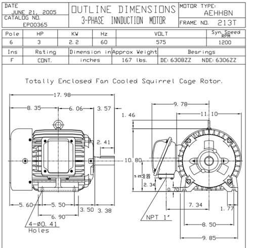 EP00365 TECO Westinghouse 3 hp 1200 RPM 213T Cast Iron 575V TEFC Severe Duty 3-Phase Motor
