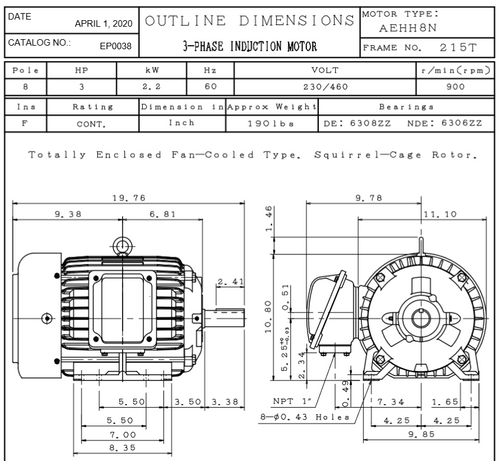 EP0038 TECO Westinghouse 3 hp 900 RPM 215T Cast Iron 230/460V TEFC Severe Duty 3-Phase Motor