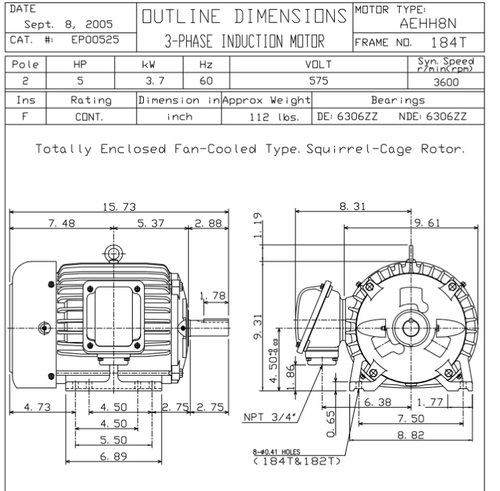 EP00525 TECO Westinghouse 5 hp 3600 RPM 184T Cast Iron 575V TEFC Severe Duty 3-Phase Motor