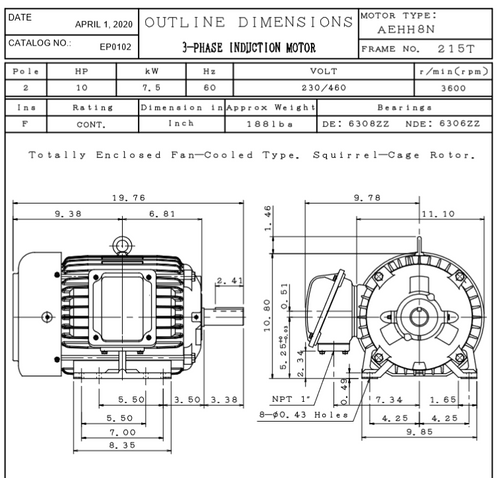 EP0102 TECO Westinghouse 10 hp 3600 RPM 215T Cast Iron 230/460V TEFC Severe Duty 3-Phase Motor