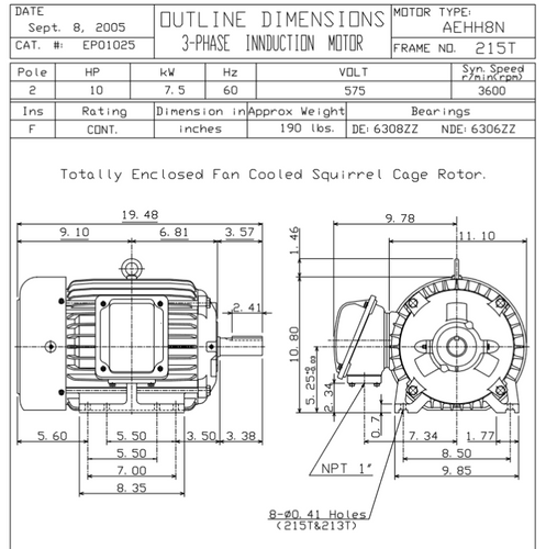 EP01025 TECO Westinghouse 10 hp 3600 RPM 215T Cast Iron 575V TEFC Severe Duty 3-Phase Motor