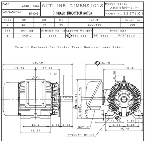 EP0208 TECO Westinghouse 20 hp 900 RPM 324T Cast Iron 230/460V TEFC Severe Duty 3-Phase Motor