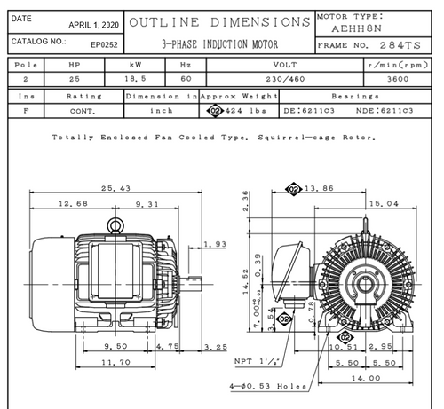 EP0252 TECO Westinghouse 25 hp 3600 RPM 284TS Cast Iron 230/460V TEFC Severe Duty 3-Phase Motor