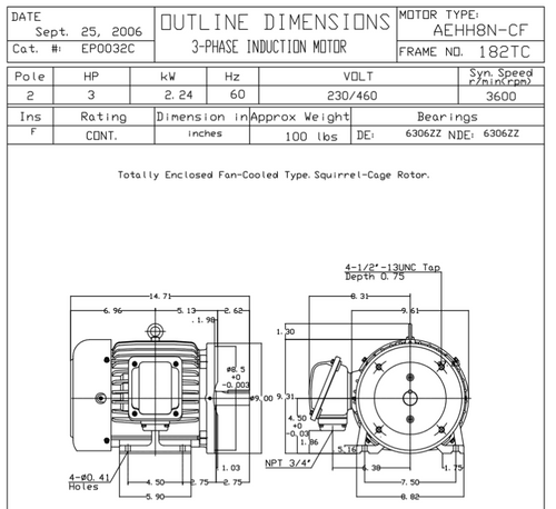 EP0032C TECO Westinghouse 3 hp 3600 RPM 182TC Cast Iron 230/460V TEFC Severe Duty 3-Phase Motor