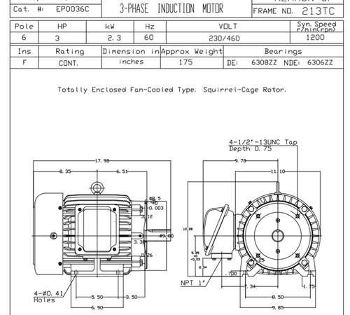 EP0036C TECO Westinghouse 3 hp 1200 RPM 213TC Cast Iron 230/460V TEFC Severe Duty 3-Phase Motor